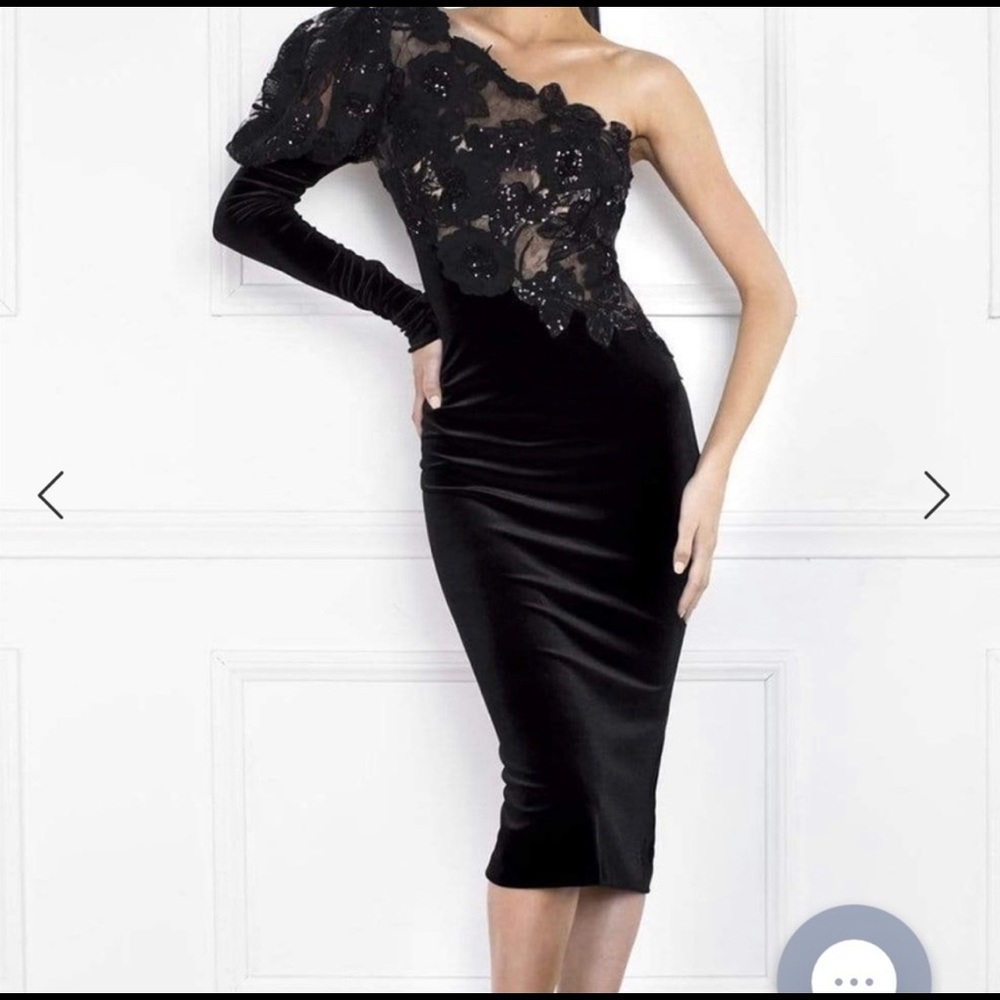 Nicole Bakti Cocktail Dress One Shoulder Velour Lace Sequin 6